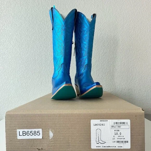 NEW Lane SMOKESHOW Womens Cowboy Boots 10 Blue Metallic Western Cowgirl Mid Calf